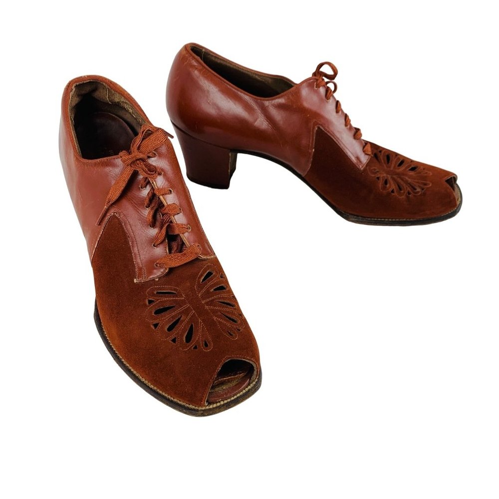 Vintage 1930s Rust Heels Easi-Gait Brown Lace Up Oxfords - Picture 4 of 10